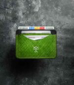 Portcard slim buletin verde deschis vedere laterală, profil slim, piele naturală, cusătură manuală saddle stitch