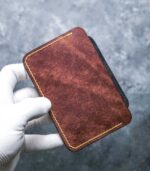 Portcard Talon Auto maro și negru bicolor, vedere spate, cusătură galbenă, piele naturală, handmade România