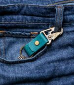 Breloc piele naturală carabină turcoaz pentru chei auto, carabină gold antichizat, piele naturală