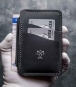 Portofel talon auto negru Silver Edition, ținut în palmă, cu talon și carduri, ață gri, logo silver, personalizare cu inițiale, piele naturală, handmade România