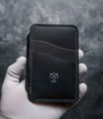 Portofel talon auto negru Silver Edition, vedere frontală, ață gri, logo silver, personalizare cu inițiale, piele naturală, handmade România