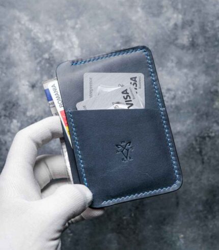 Portcard talon auto antracit, cu buletin și carduri, ață albastră, logo embosat, piele naturală, handmade România