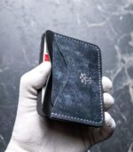 Portcard slim buletin navy handmade, cusătură gri vizibilă, logo silver, fabricat în România